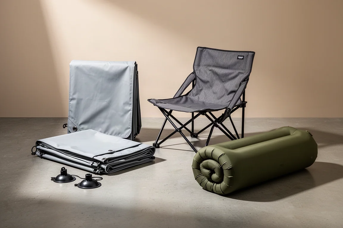Folded awning canopy, folding camp chair and rolled air mattress arranged on concrete