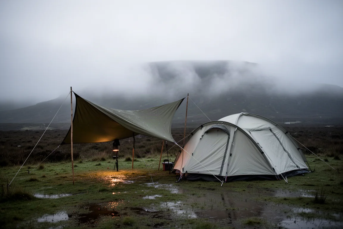Campamento en el páramo brumoso al anochecer, con un refugio de tarp y una tienda sobre hierba mojada
