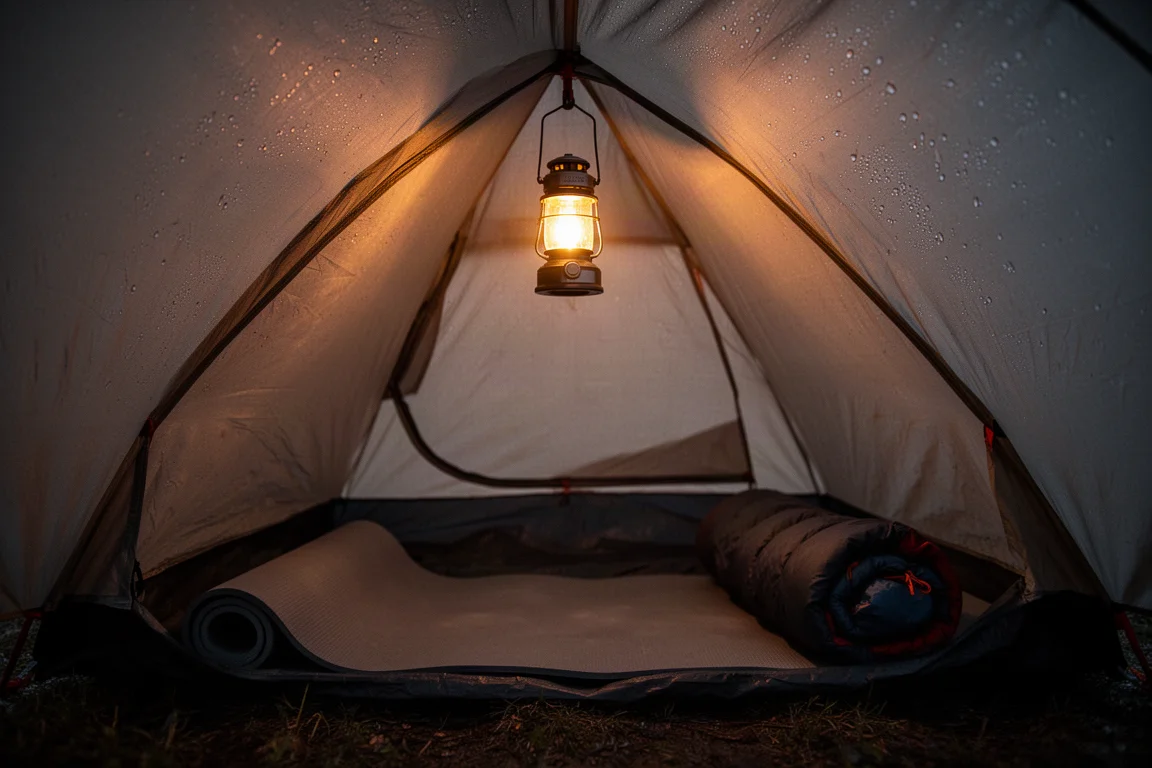 Resplandor cálido de un farol dentro de una tienda de acampada de noche, con una esterilla en sombra