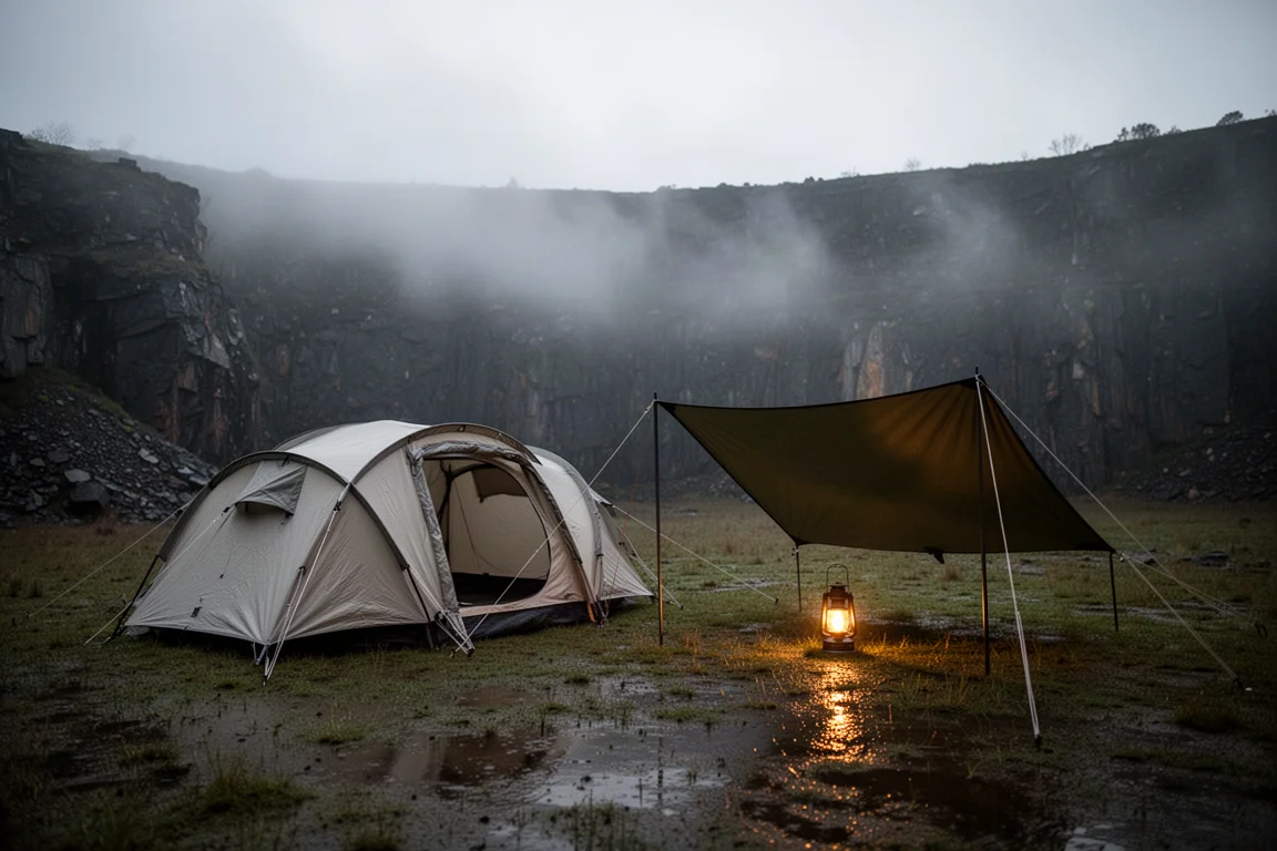 Misty quarry campsite at dusk with a tarp shelter and a pale tunnel tent on wet grass