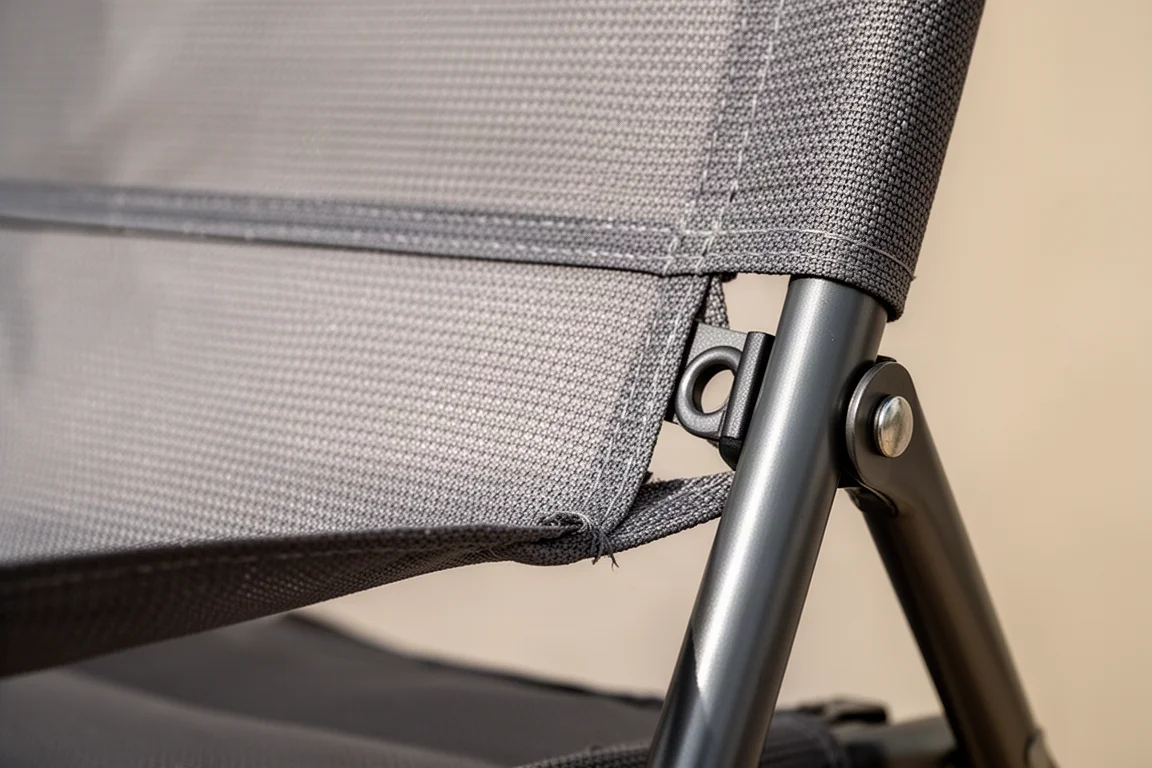 Primo piano del tessuto in mesh traspirante di una sedia da campeggio e di un rivetto del telaio in acciaio spesso