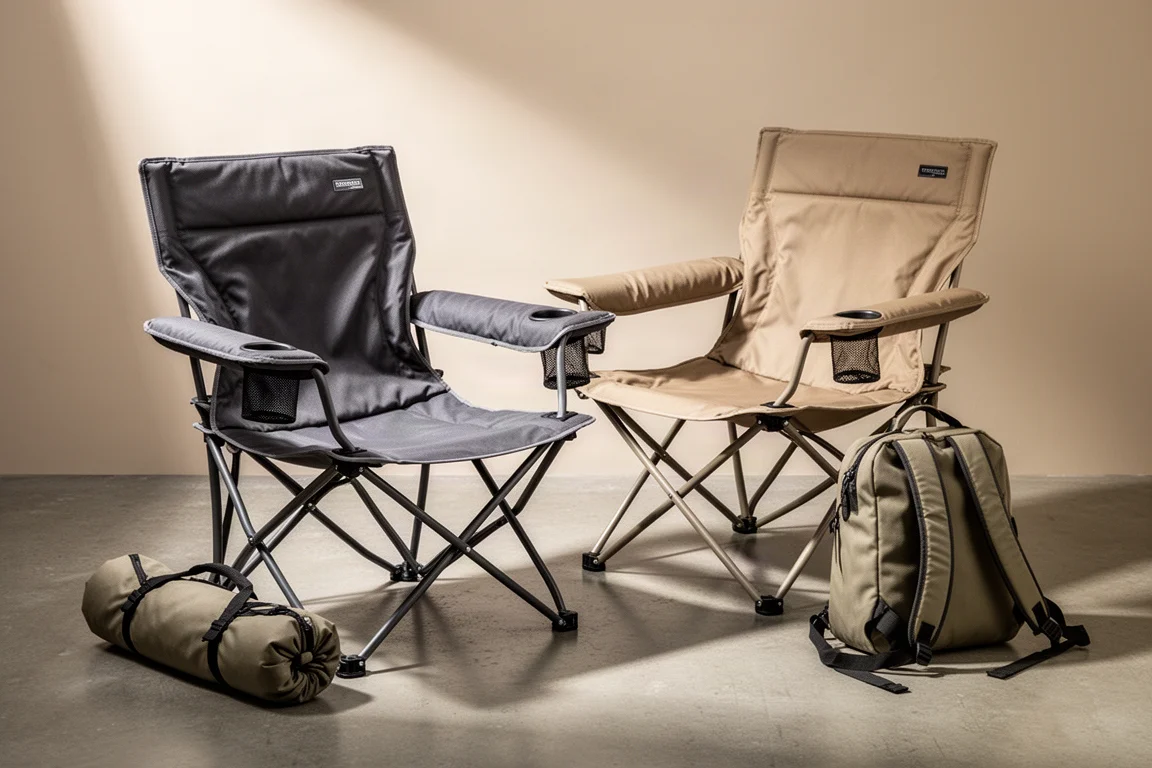 Two oversized folding camp chairs with a carry bag on a concrete surface