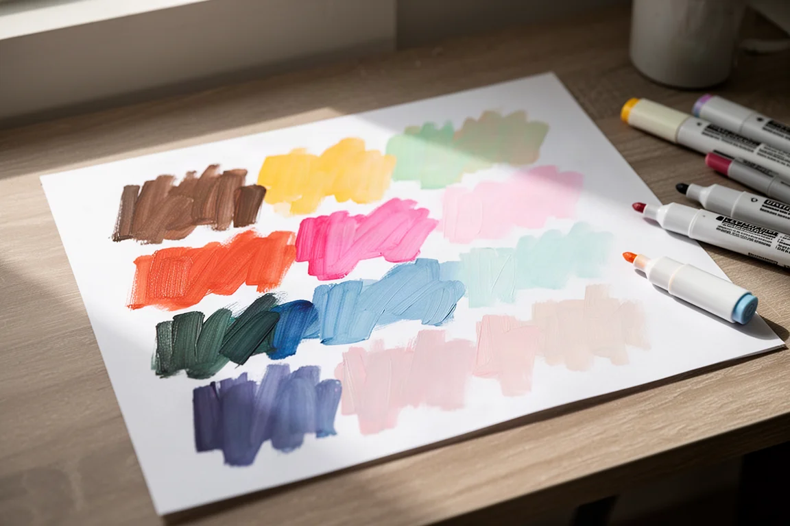 Paint marker swatch chart with overlapping color strokes on white paper