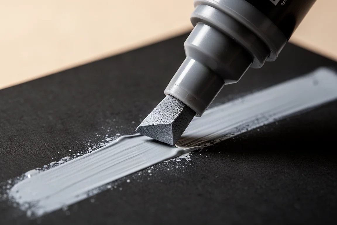 Close-up of a wide paint marker tip laying down thick opaque paint
