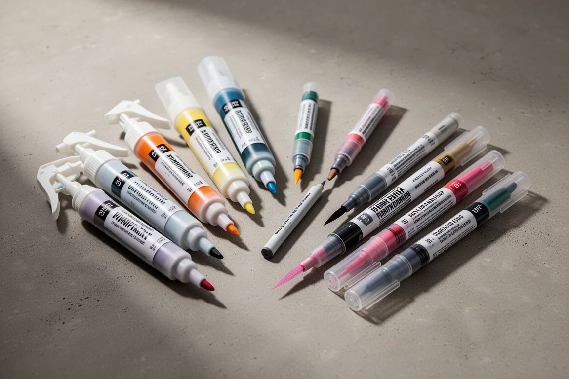 Assortiment van acrylverfmarkers in verschillende maten, gerangschikt op een betonnen ondergrond