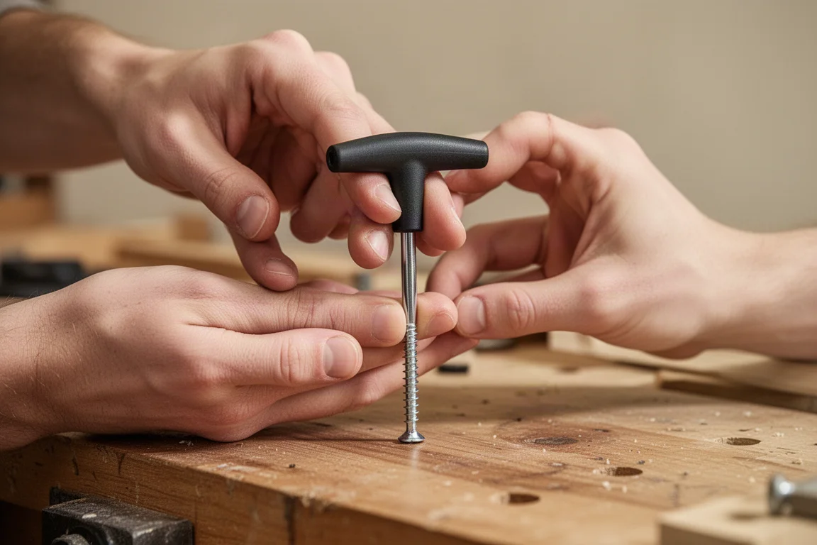 Mani che usano un piccolo cacciavite a T da palmo per avvitare una vite in un pezzo da lavorare