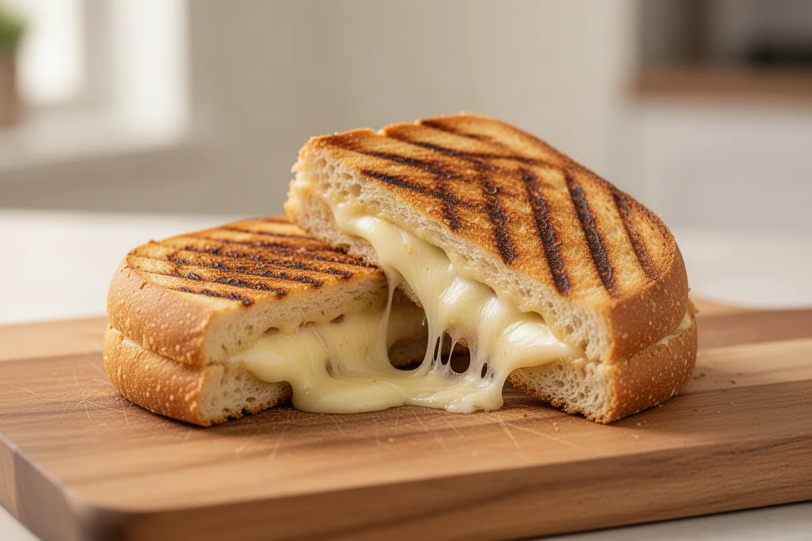 Golden grilled sandwich with distinct grill marks resting on a wooden cutting board