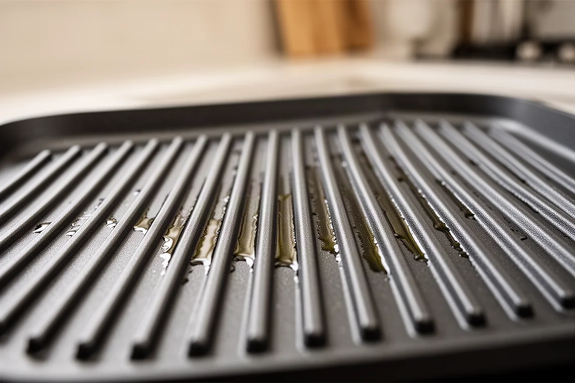 Close-up of ribbed grill plate with deep ridges and light sheen of oil