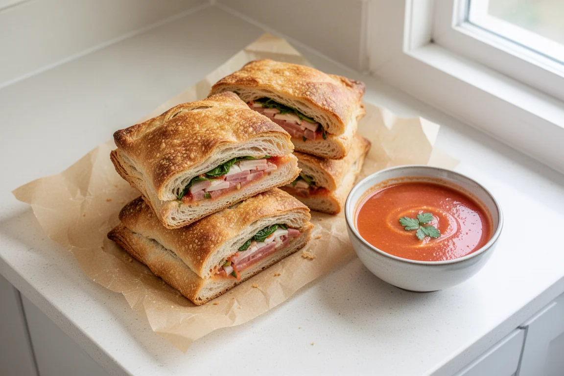 Pressed sandwiches stacked on parchment paper in a bright kitchen scene