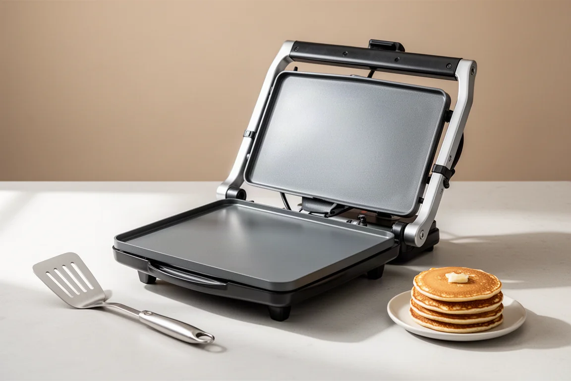 Clean open electric grill with flat plates on a kitchen counter beside breakfast items
