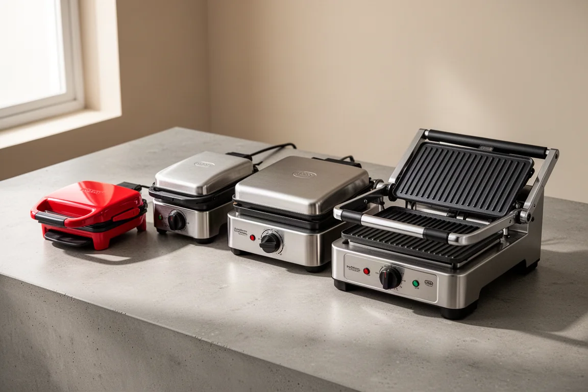Five panini presses of different sizes and styles lined up on a concrete surface