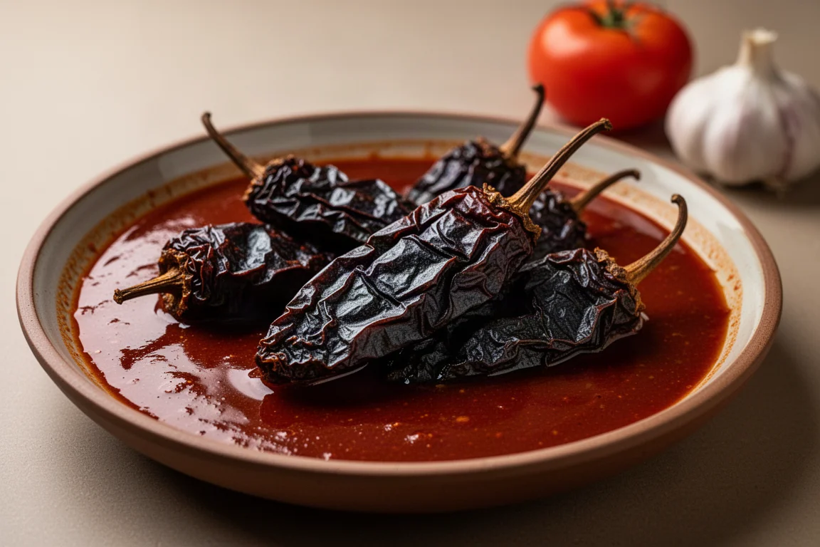Chipotles inteiros defumados e secos descansando em um molho adobo escuro