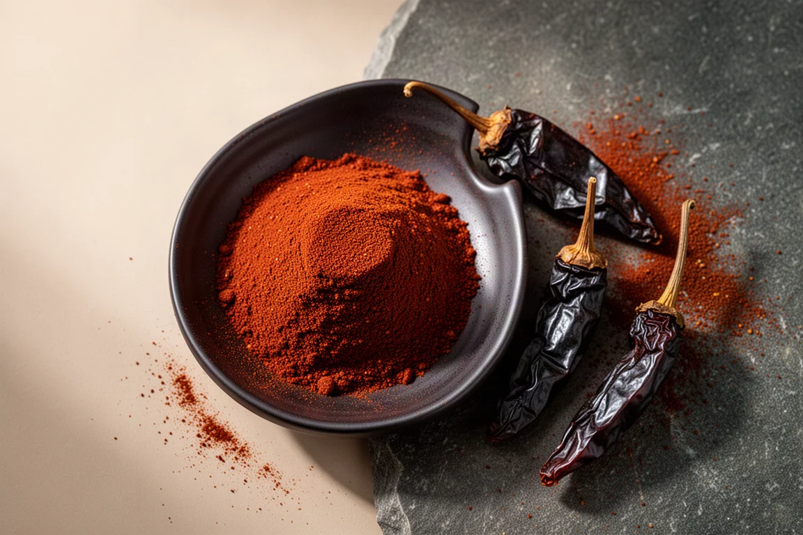 Chili em pó em montinho numa tigela de cerâmica escura com pimentas secas