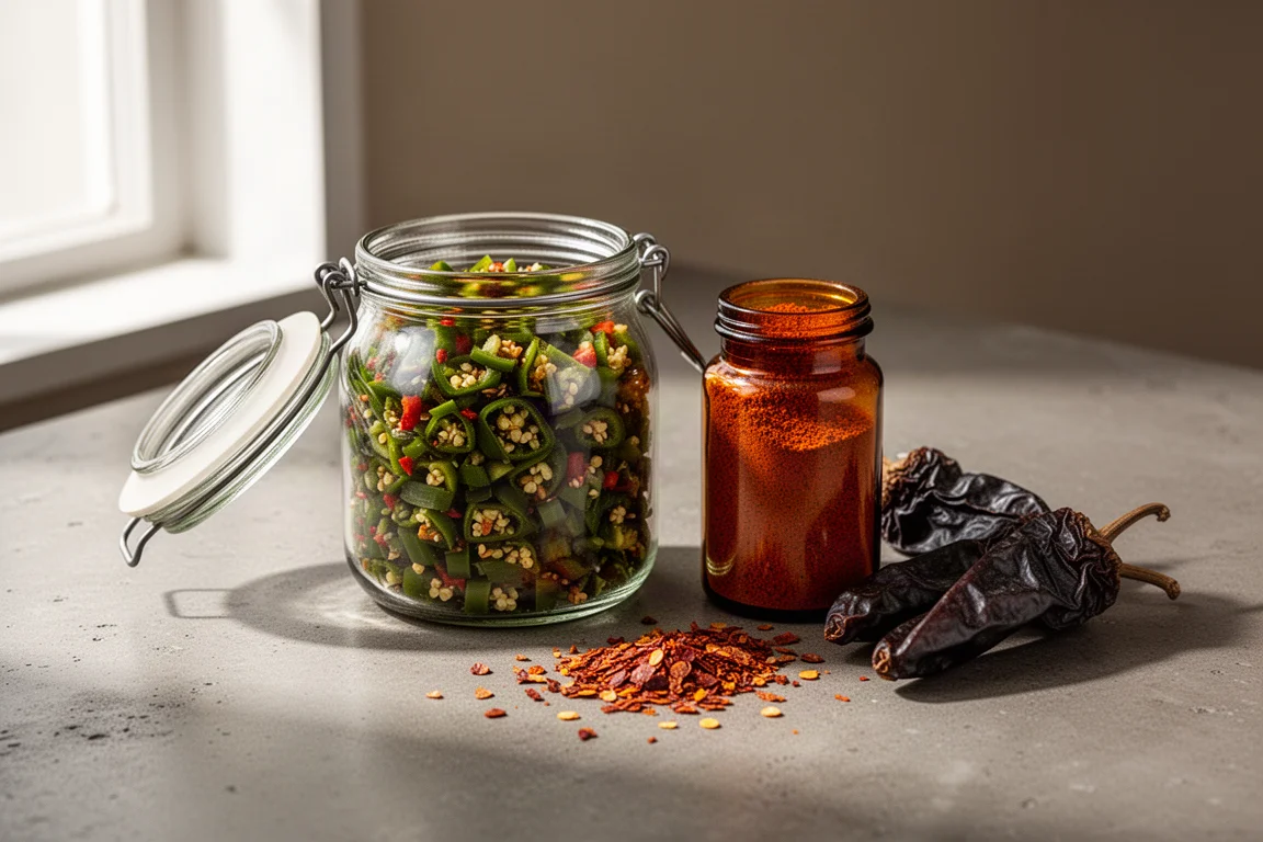 Jar of diced green chilies and a spice jar of chili powder on a concrete countertop