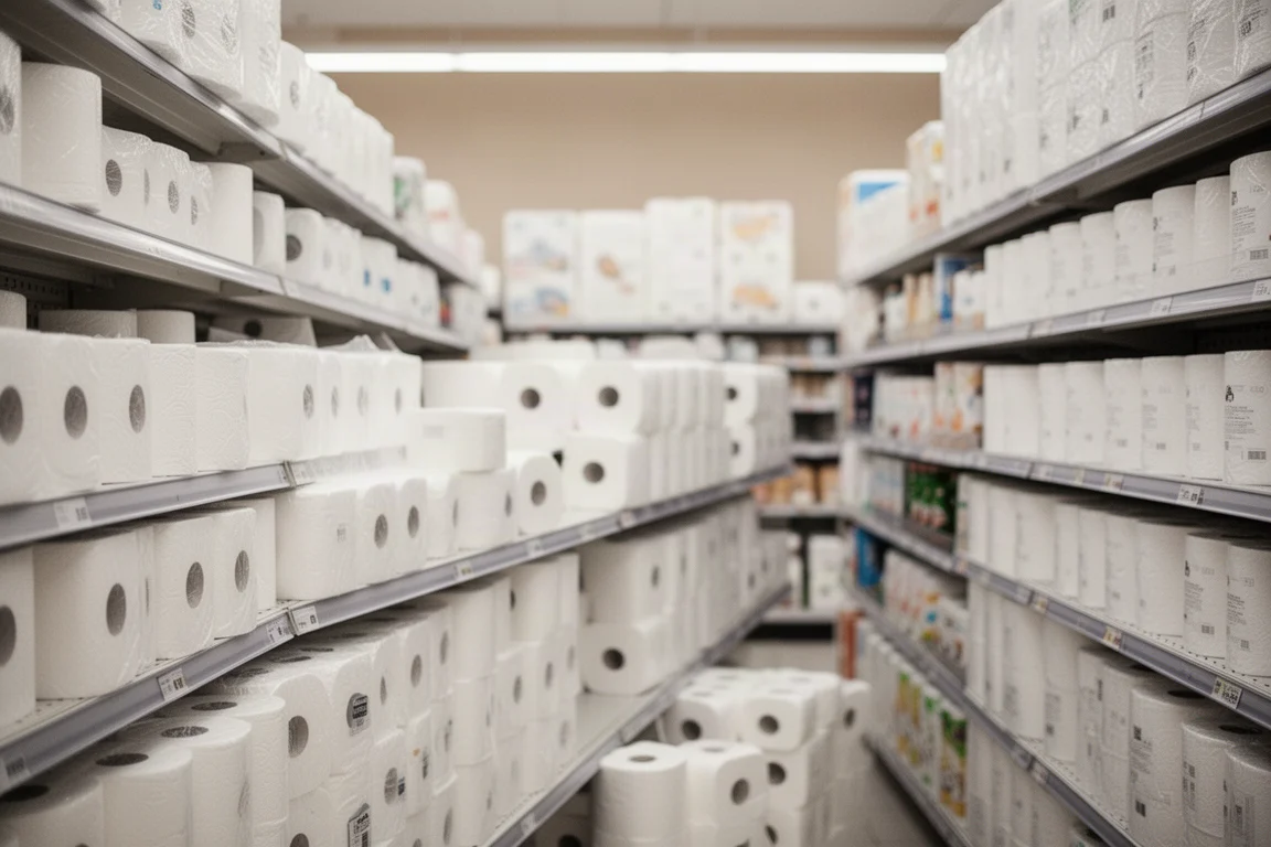 Supermarktregal gefüllt mit Reihen von Küchenrollen