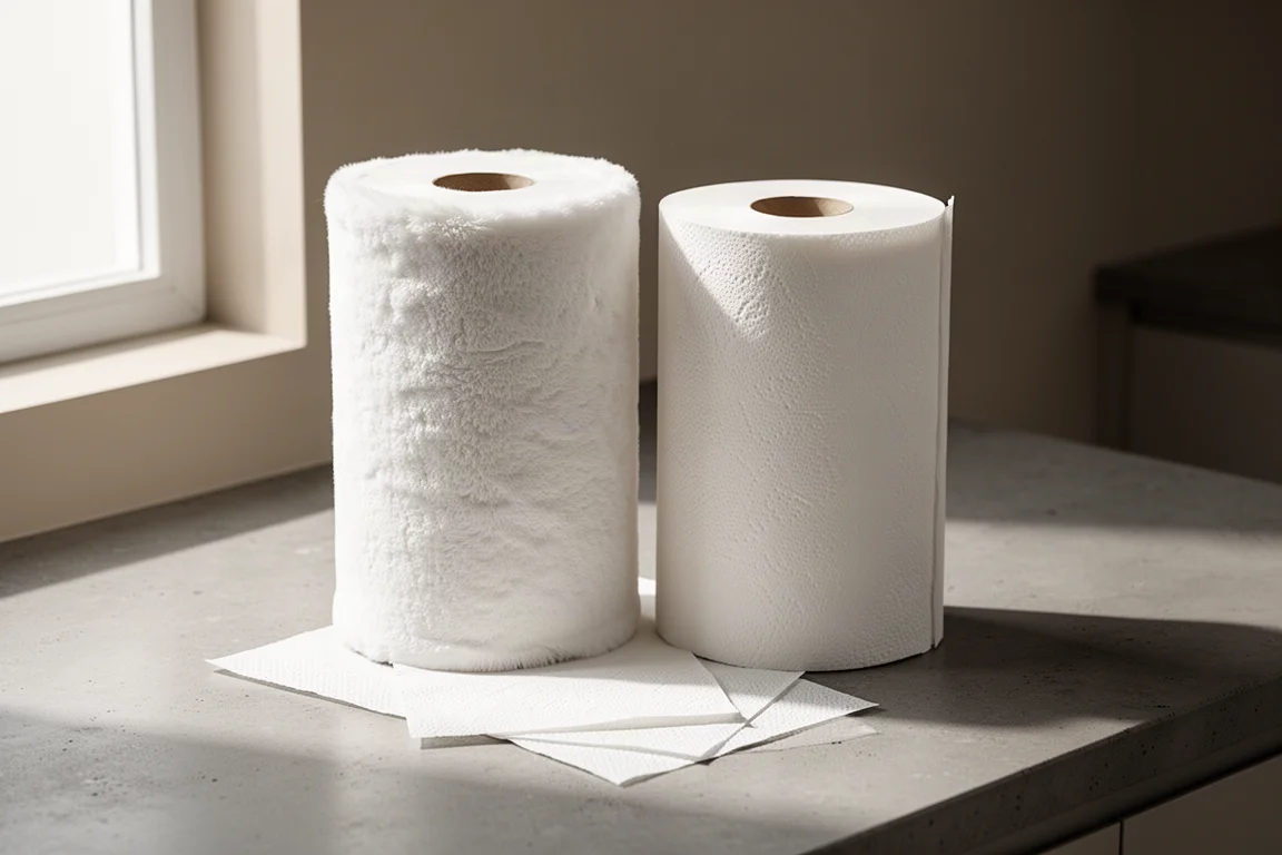Two rolls of paper towels standing on a concrete kitchen counter