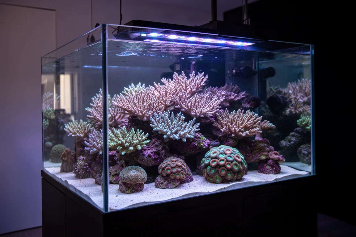 Riffaquarium mit überwiegend blauer LED-Beleuchtung und sichtbaren Korallenkolonien