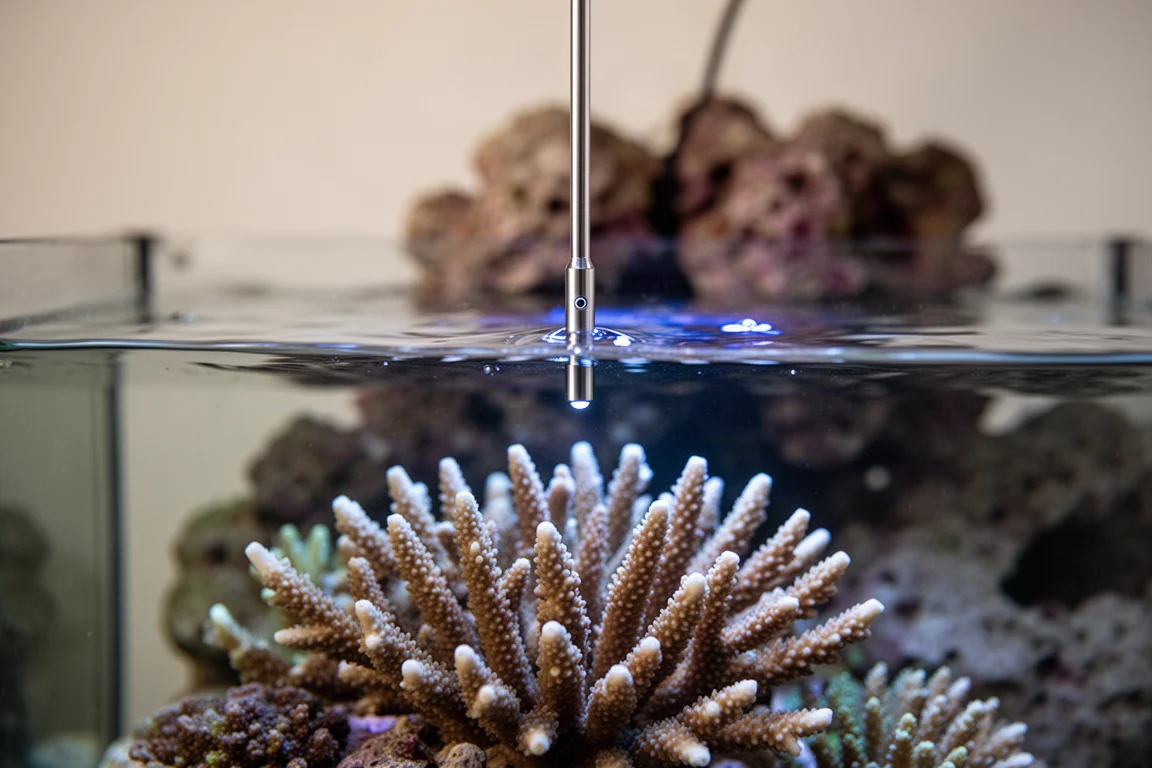 Hand hält einen PAR-Meter-Sensor über einer Korallenkolonie in einem Aquarium