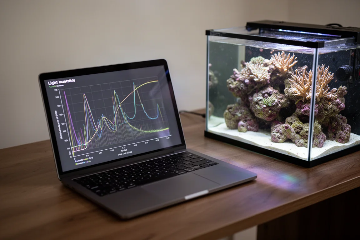 Riffaquarianer prüft Lichtintensitätsdiagramme auf einem Laptop neben einem Aquarium