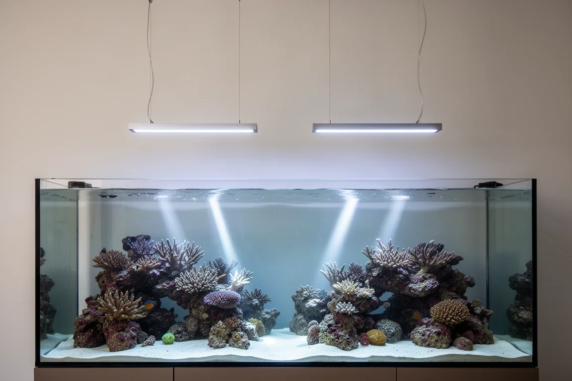 Korallenriffaquarium mit hängenden LED-Leuchten über der Wasseroberfläche