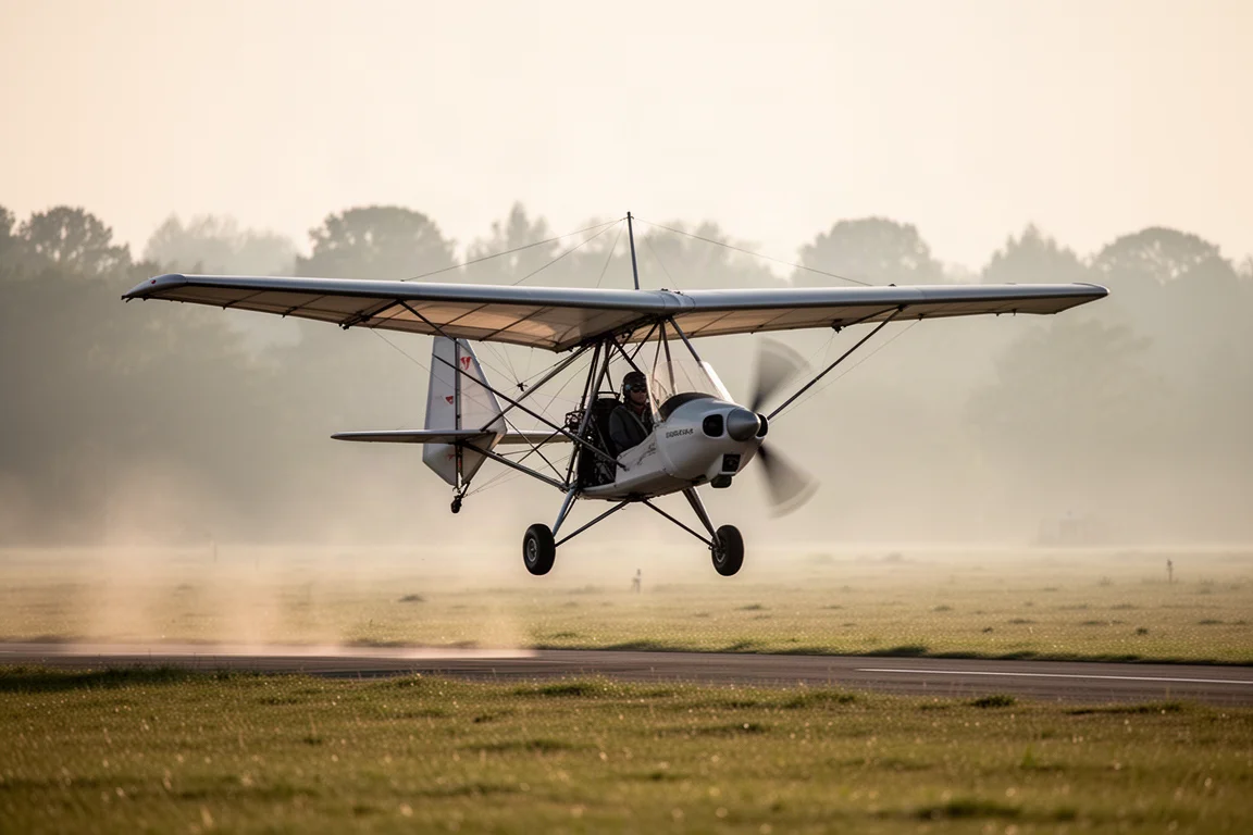 Eenzits-ultralight vliegtuig stijgt op vanaf een korte grasstrip