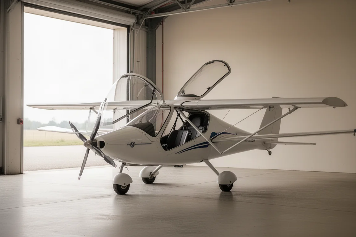 Ultralight vliegtuig met inklapbare vleugels wordt klaargemaakt voor opslag