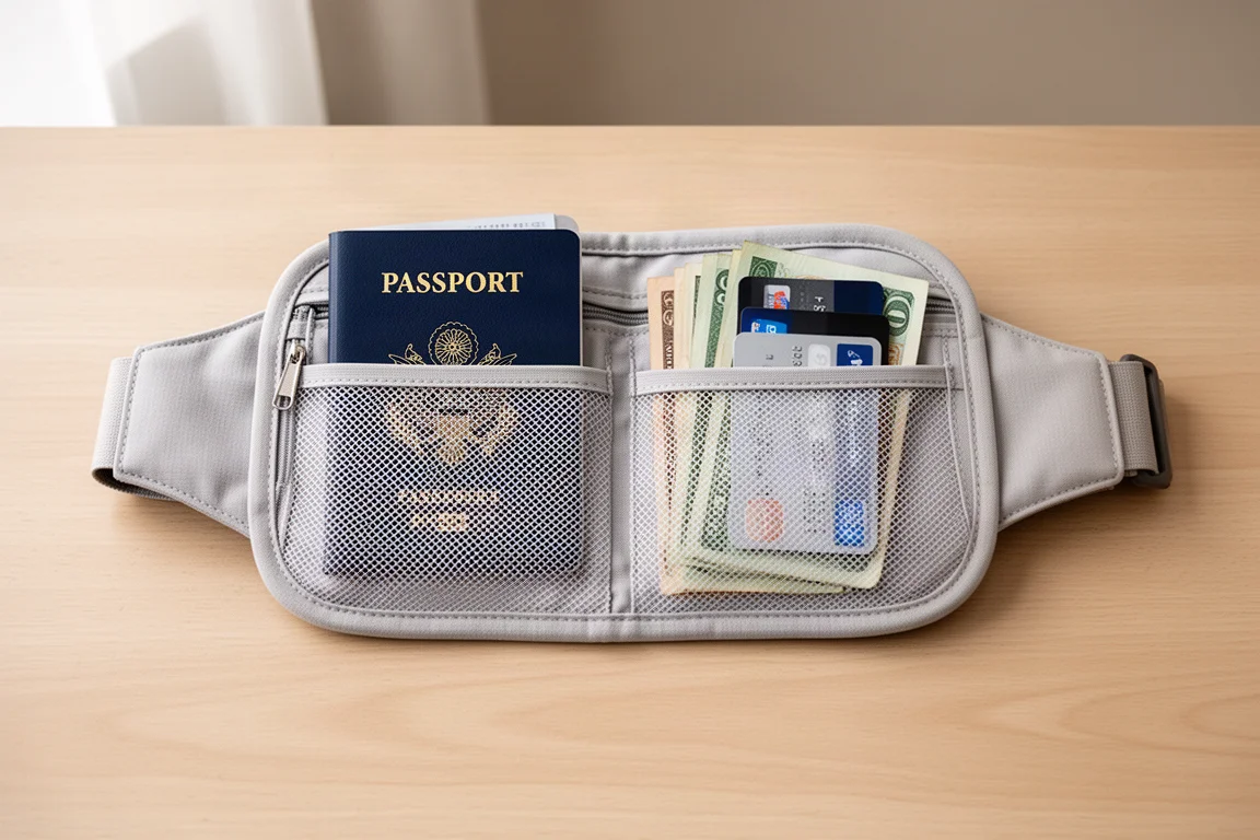 Open fabric money belt showing mesh pockets holding a passport and cards