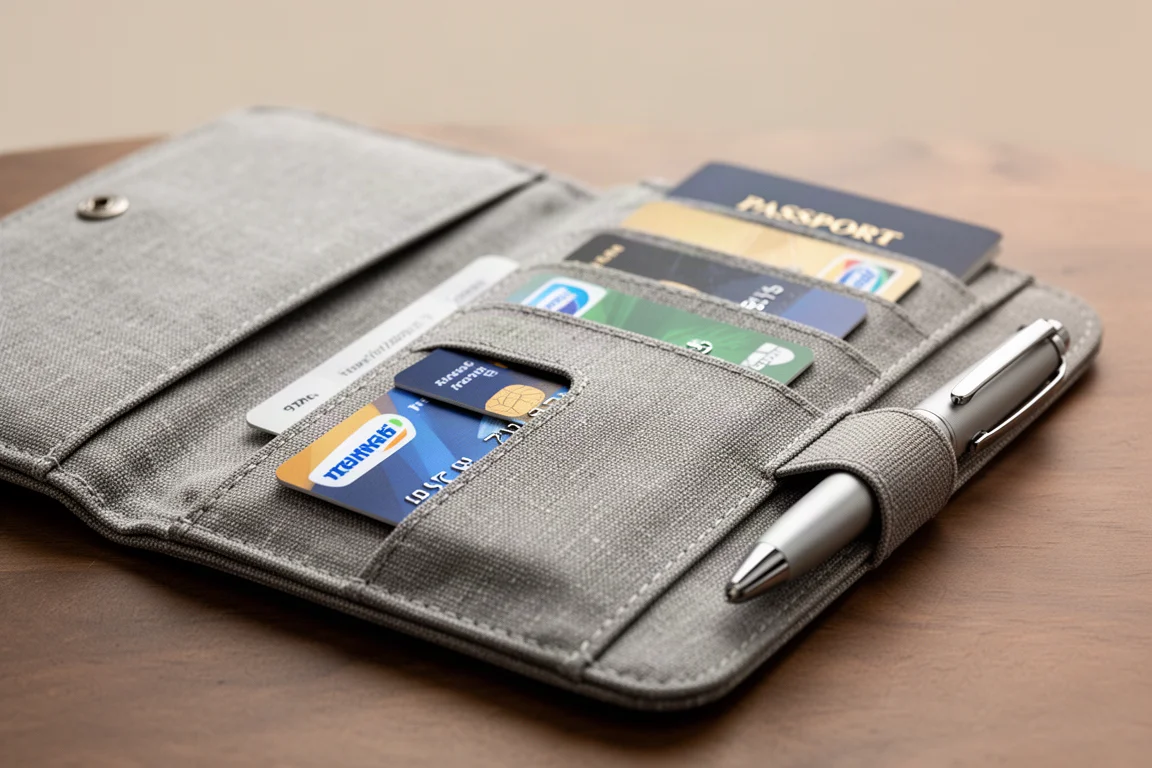 Fabric passport case with five card slots and a pen loop