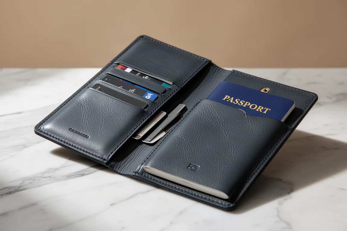Leather travel folio open showing card slots and a passport sleeve