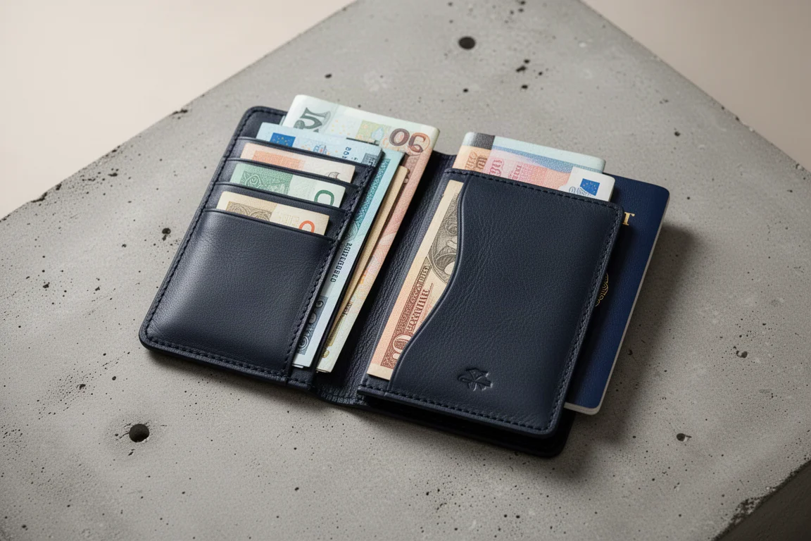 Compact leather travel wallet with folded banknotes in two bill slots
