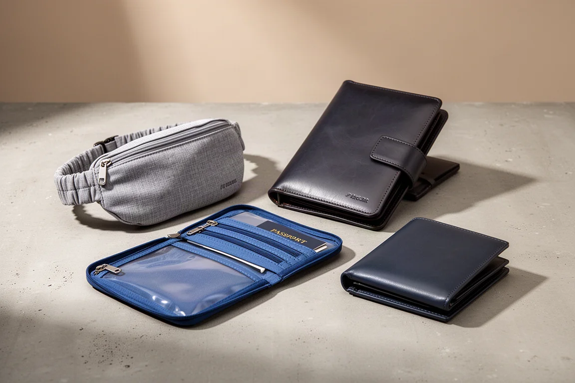 Four passport wallets and travel organizers arranged on a concrete surface