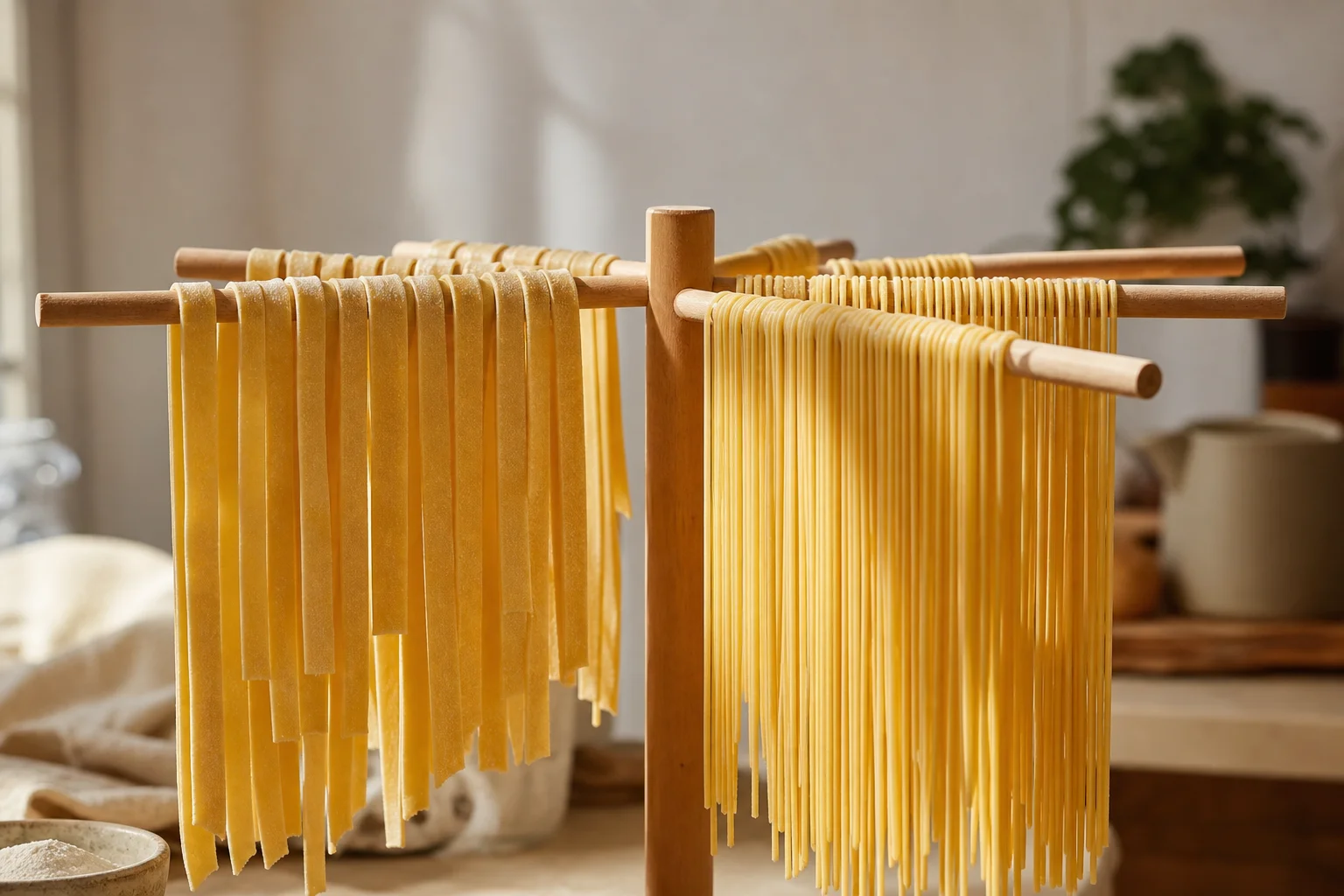 Finished pasta strands draped over a wooden drying rack in natural light