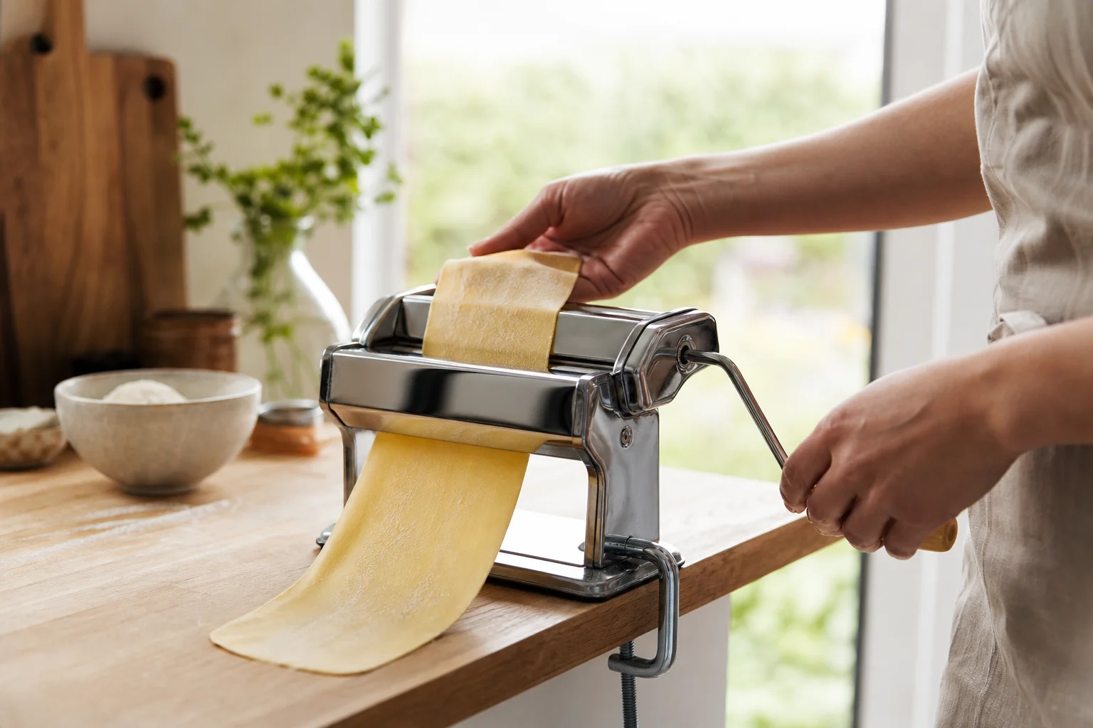 Compact pasta machine on a small kitchen counter with minimal workspace