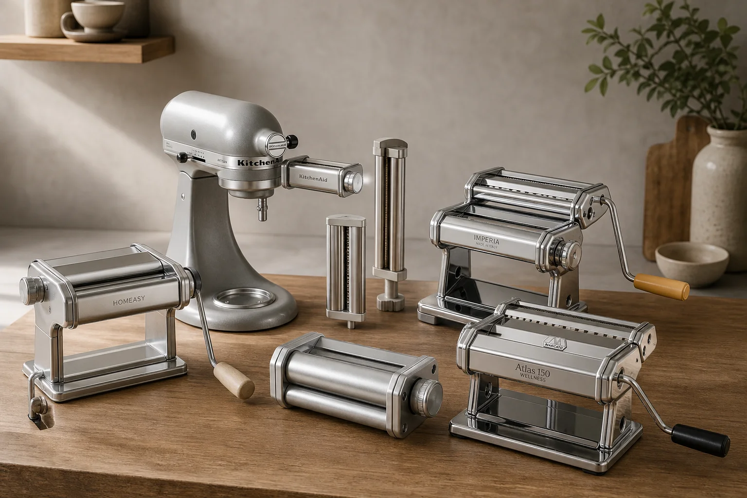 Five pasta makers arranged on wood surface including hand-crank and powered models