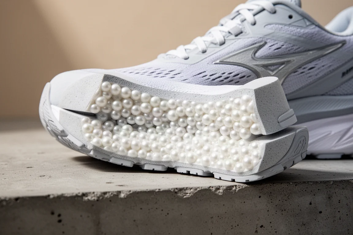 Nahaufnahme einer Laufschuh-Mittelsohle mit perlmuttartiger Textur des superkritischen Schaums