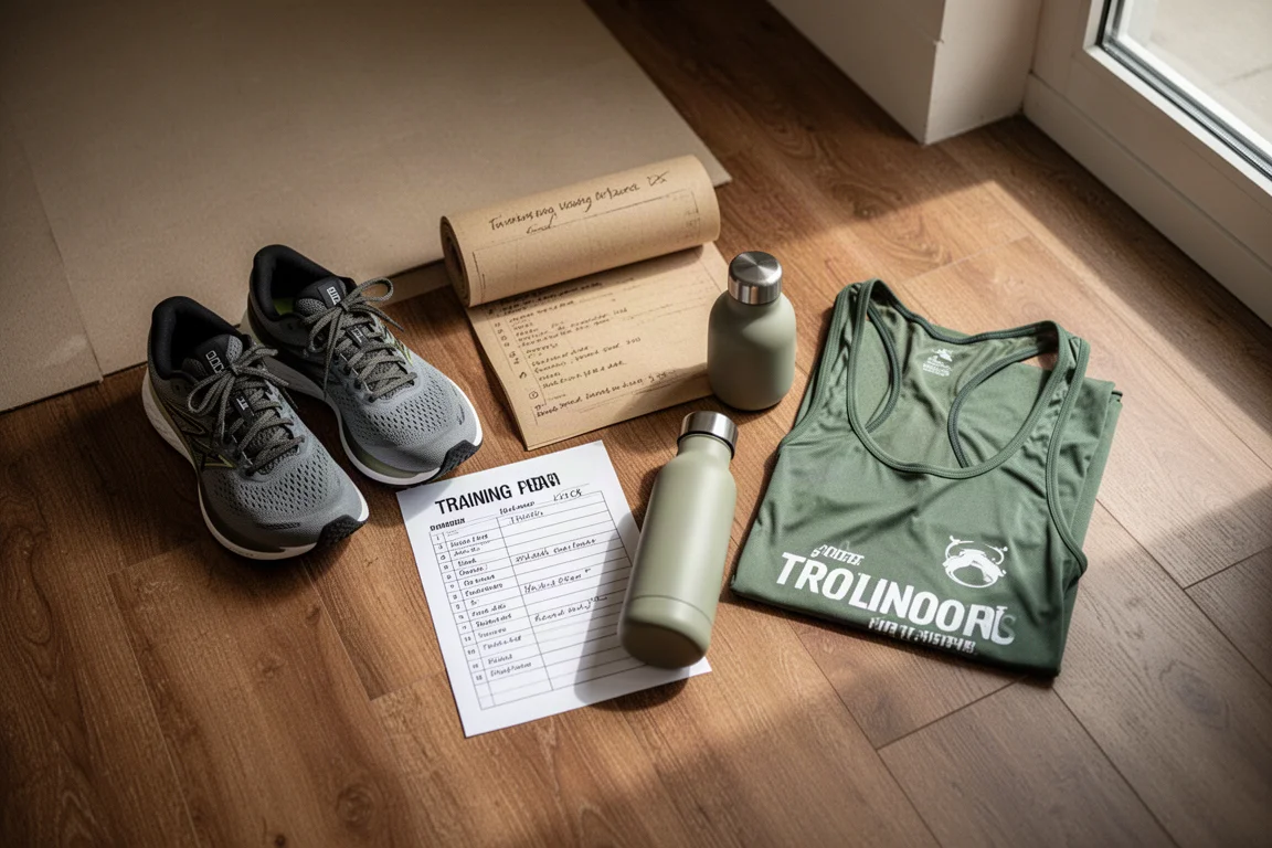Laufschuhe und Regenerationsausrüstung neben einem Marathon-Trainingsplan auf einem Holzboden ausgelegt