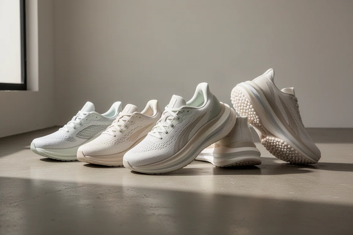 Five modern running shoes with thick PEBA foam midsoles arranged on a concrete studio floor