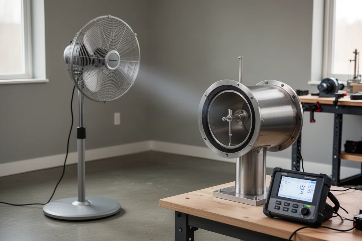 Testopstelling die de luchtstroom van een ventilator door een opening van tien inch meet