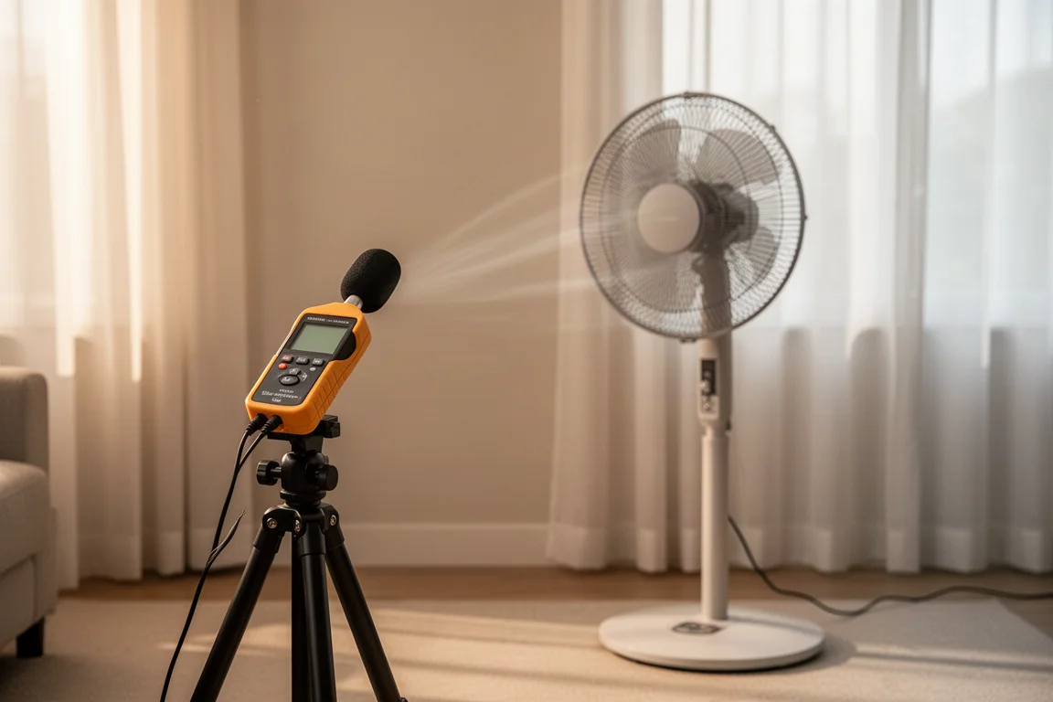 Geluidsmeter die het ventilatorgeluid op afstand meet in een stille kamer