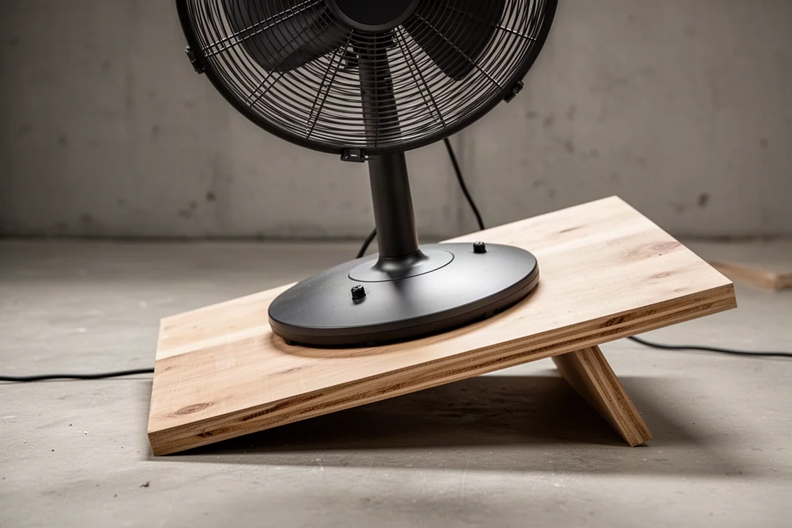 Staande ventilator op een kantelbare tafel tijdens de stabiliteitstest
