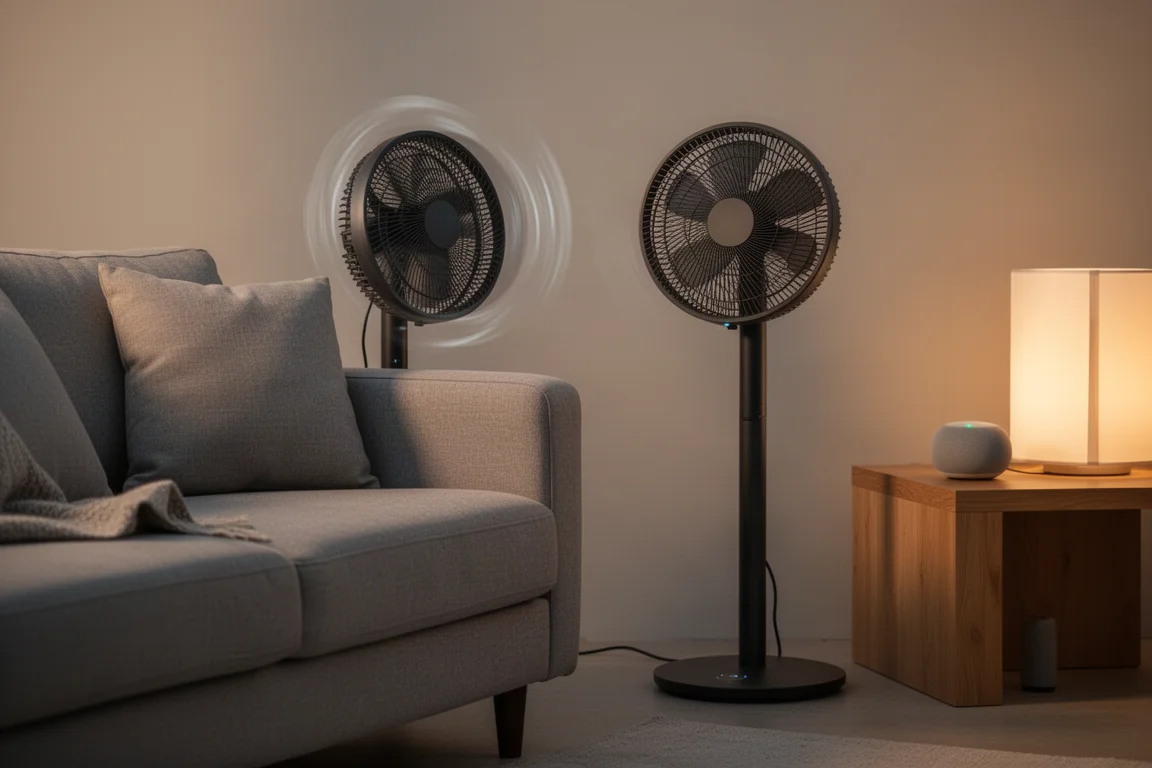 Slimme ventilator bediend door een stemassistent-speaker op een bijzettafel