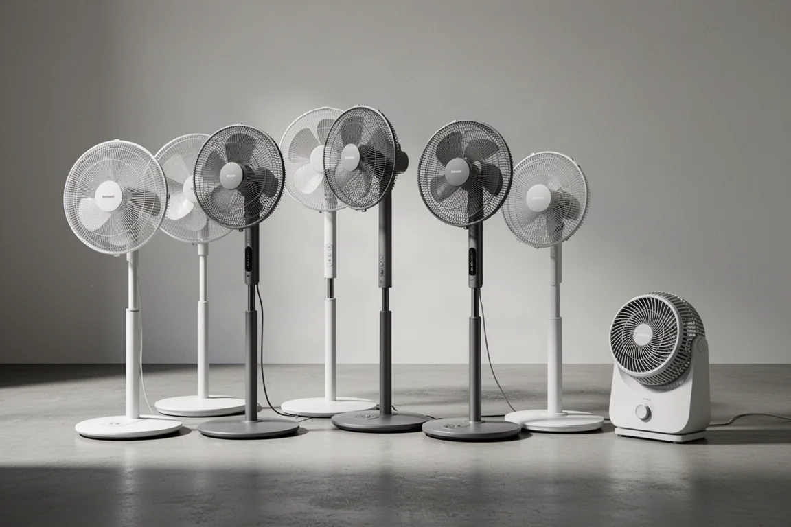 Lineup of pedestal and floor fans on a concrete studio floor