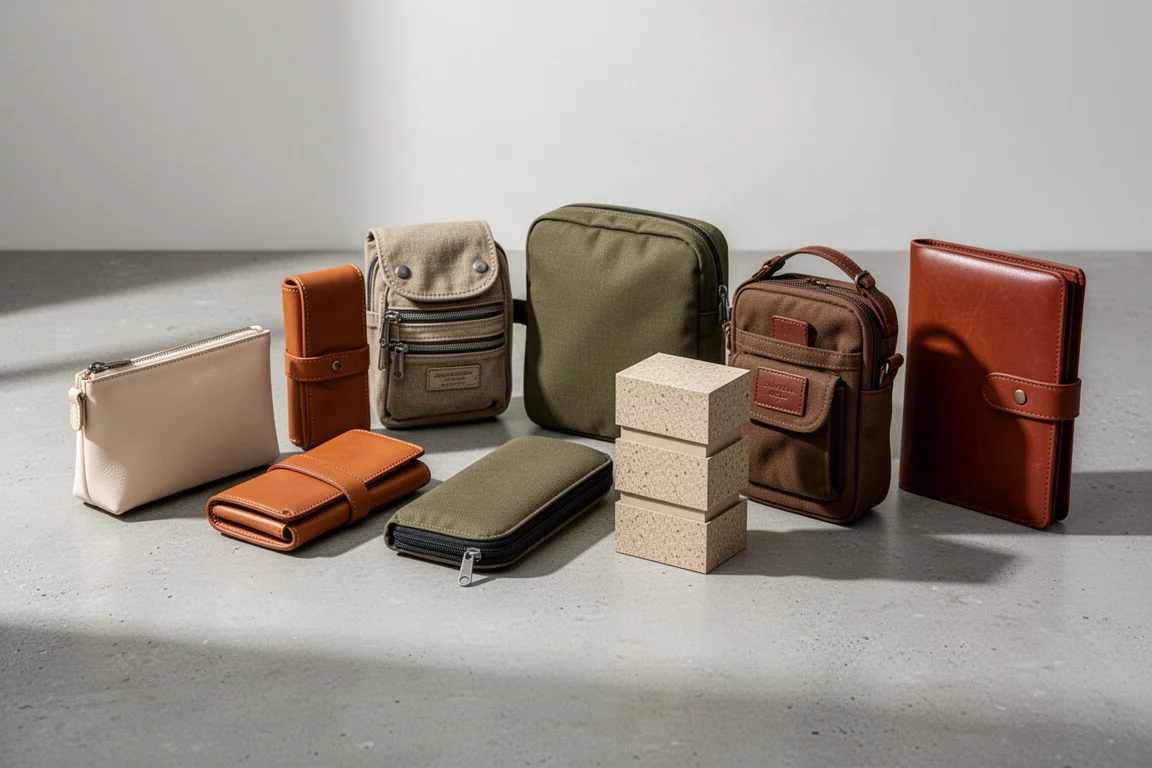 Eight varied pen cases lined up on a concrete surface in neutral tones