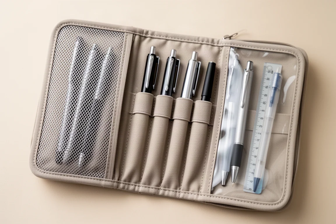 Distribución interior de un estuche de dos niveles con bolsillos de malla y soportes elásticos