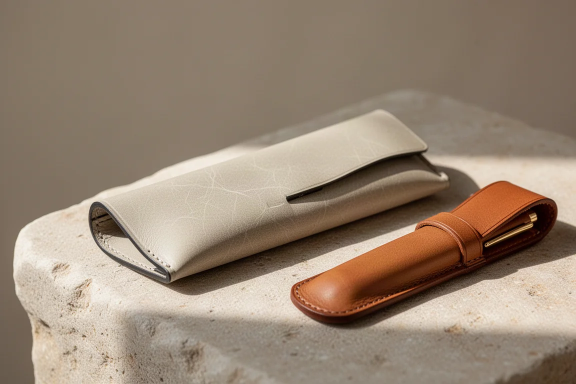 Un estuche funda de cuero mate sobre una superficie de piedra con luz suave de tarde