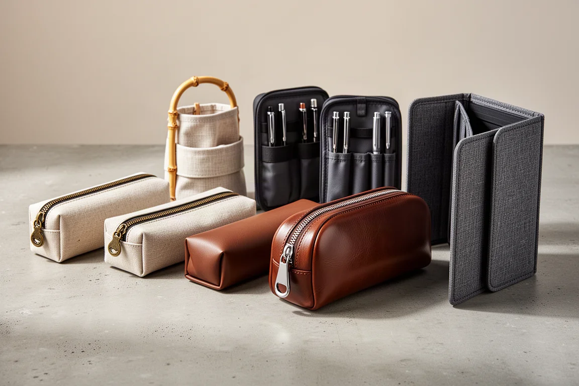 Nine different pen cases arranged in a row on a concrete surface