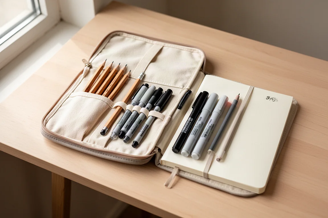 Vue à plat de stylos, feutres et d'un carnet de croquis à côté d'une pochette organisatrice en tissu ouverte