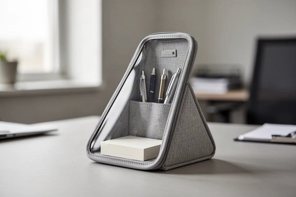 Organisateur de bureau triangulaire avec panneau transparent avant contenant des stylos et un petit bloc-notes