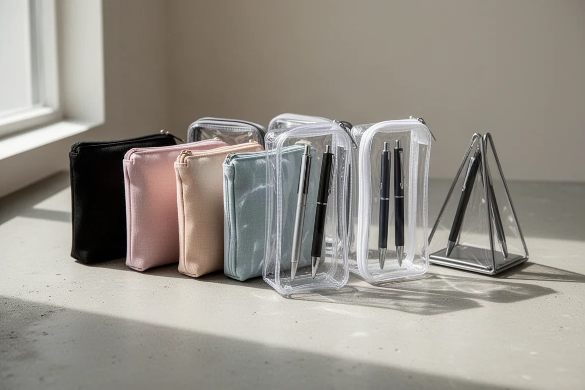 Eight pen cases in fabric and clear plastic arranged on a concrete surface