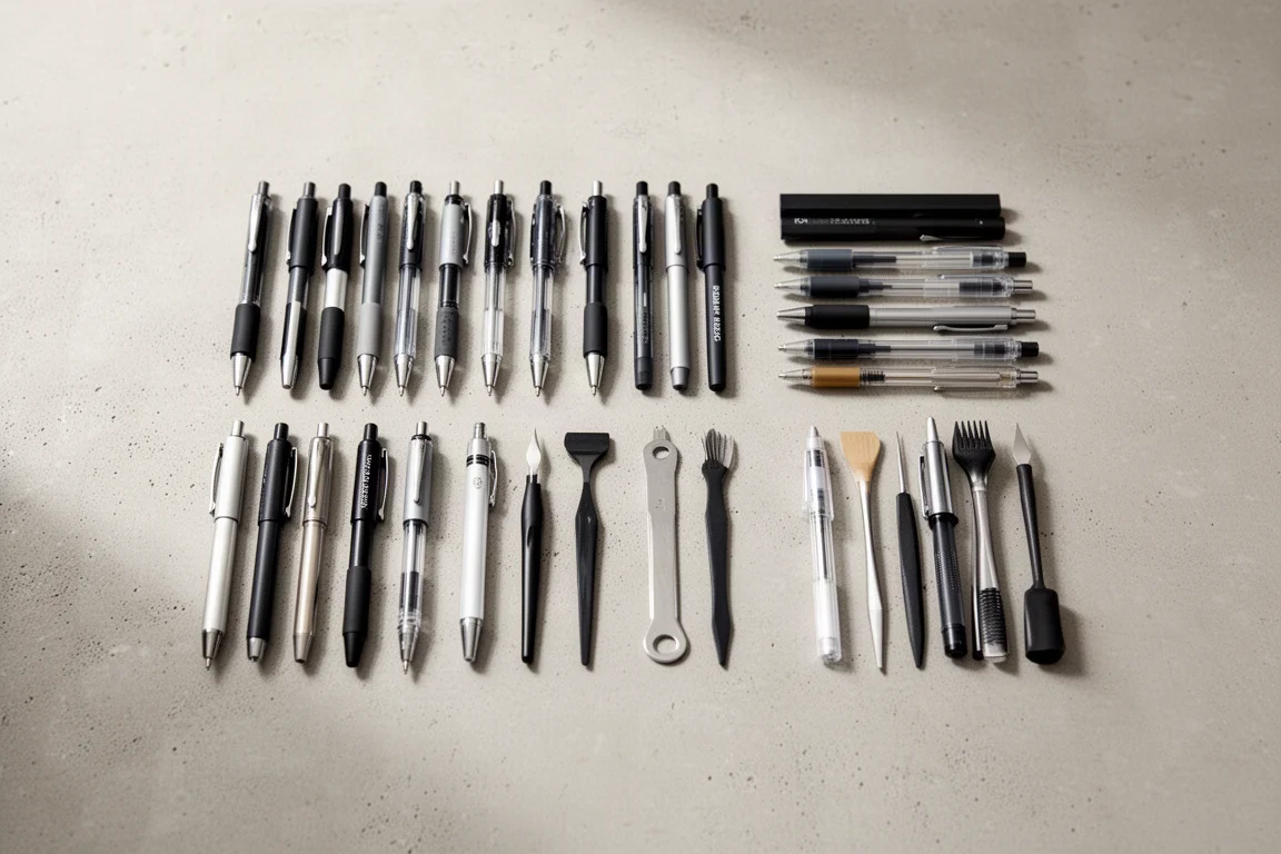 Freihändige Flachaufnahme von ordentlich sortiertem Stationery in Reihen auf einem Schreibtisch